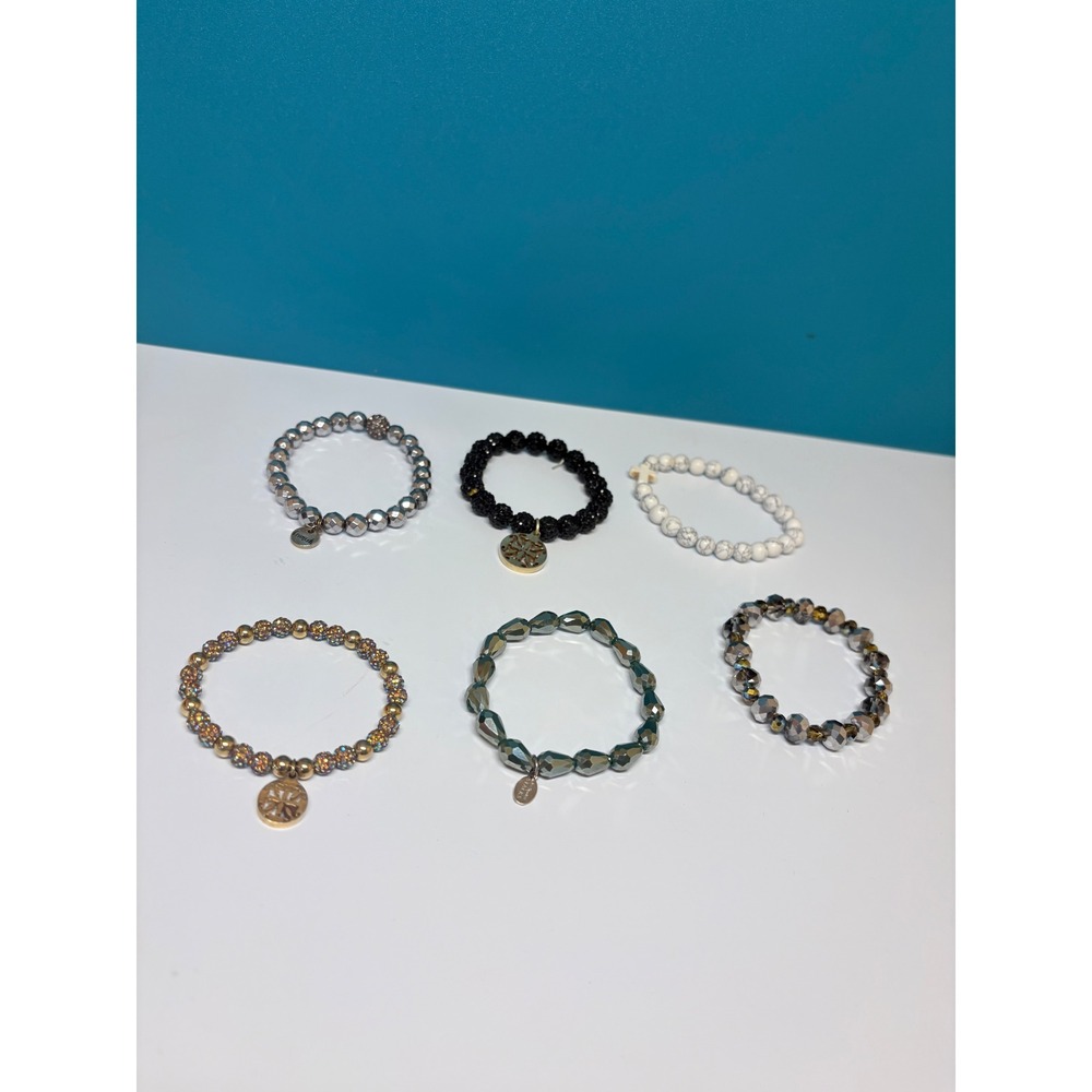 Erimish‎ & Stacks Beaded Stretch Bracelet Set 6pc Silver Gold Black Teal Cross
